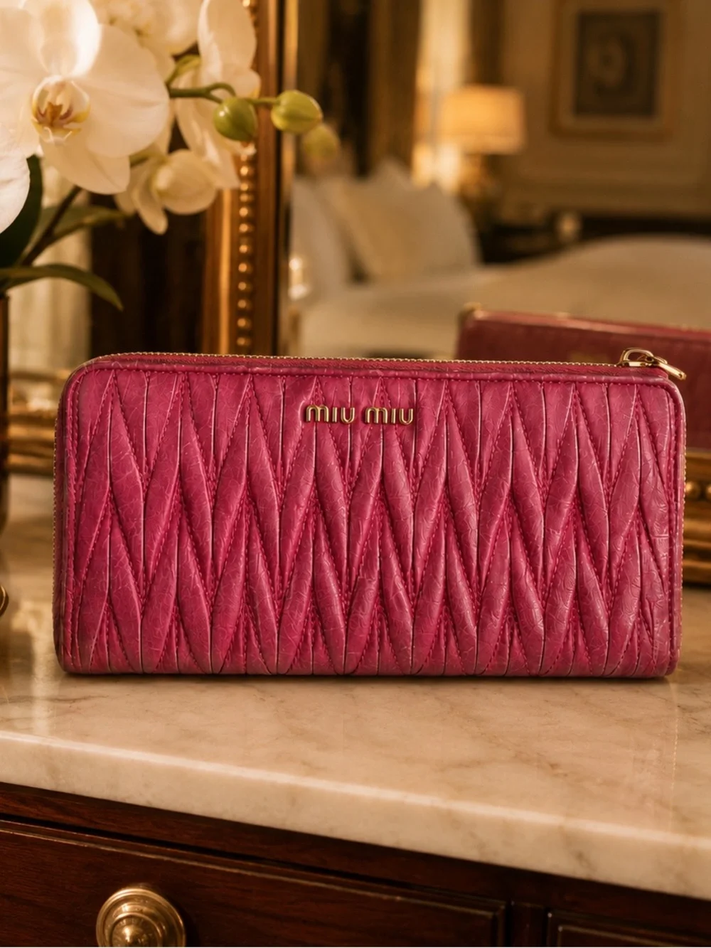 Miu Miu Matelassé Leather Zip Around Wallet – Berry Pink